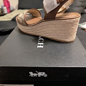 Coach Brown Logo Espadrille Platform Wedge Sandals